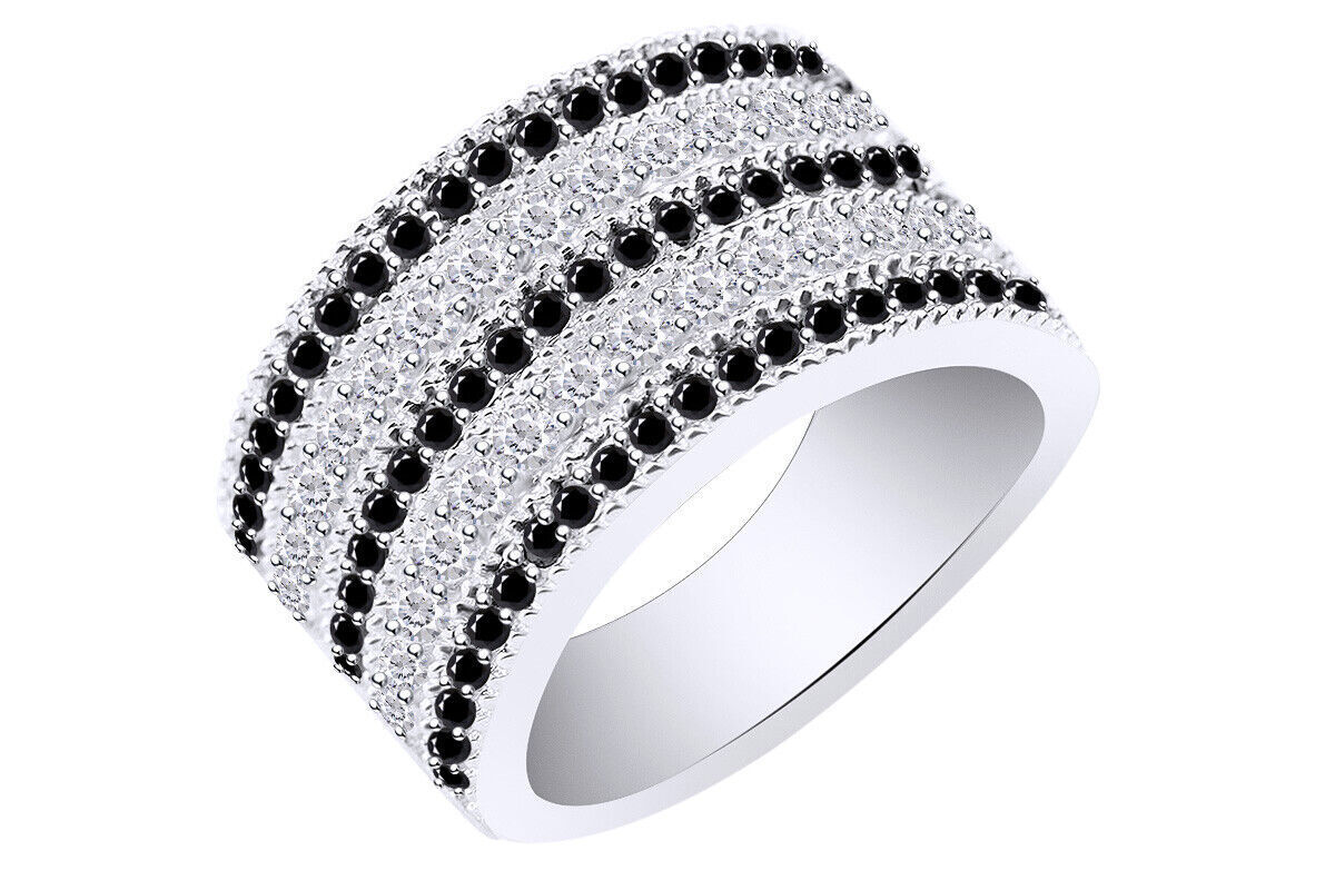 925 Sterling Silver Black & White Cubic Zirconia Vintage Band Ring