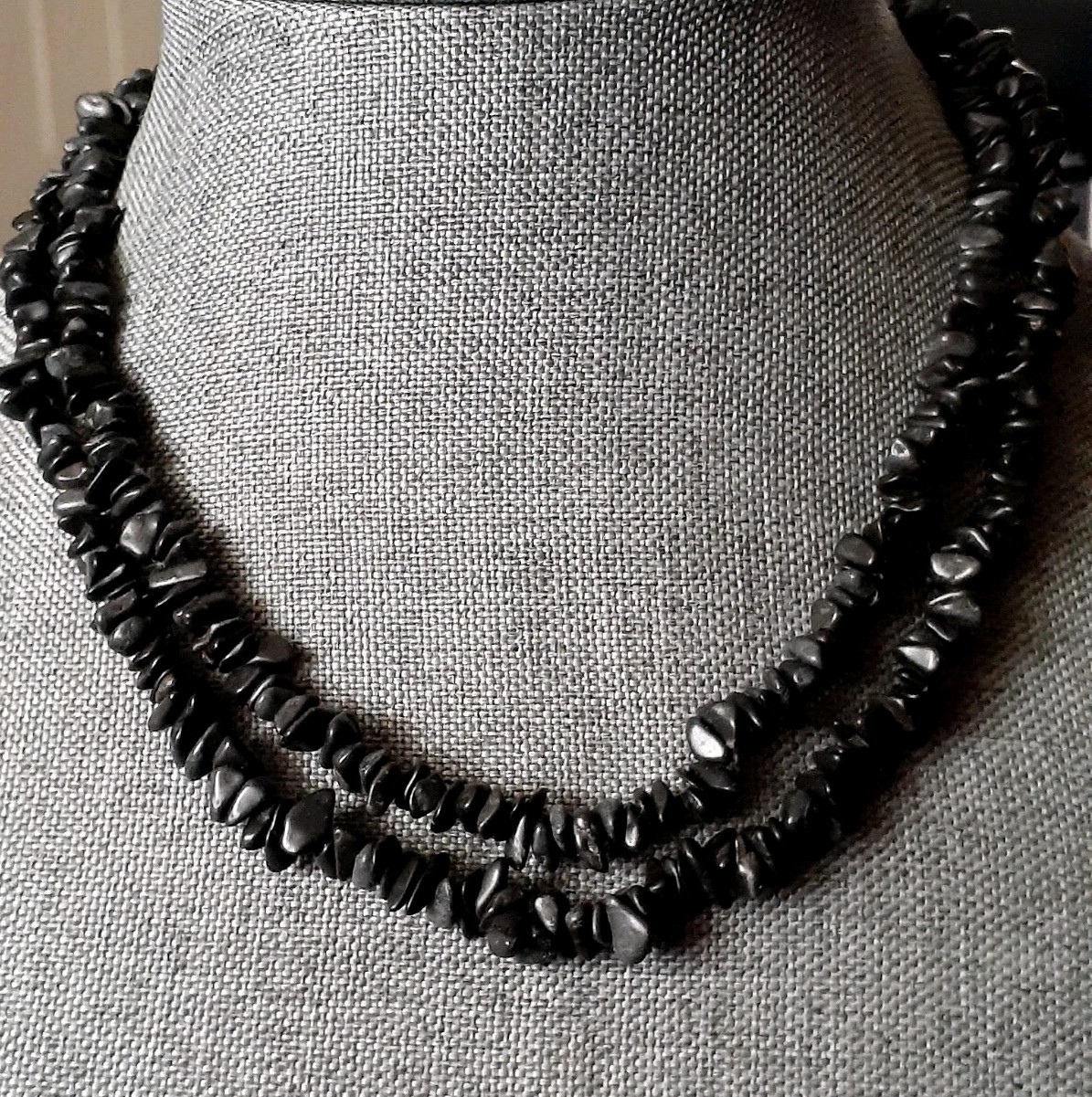 Matte Black Gemstone Single strand Necklace. 35 in.