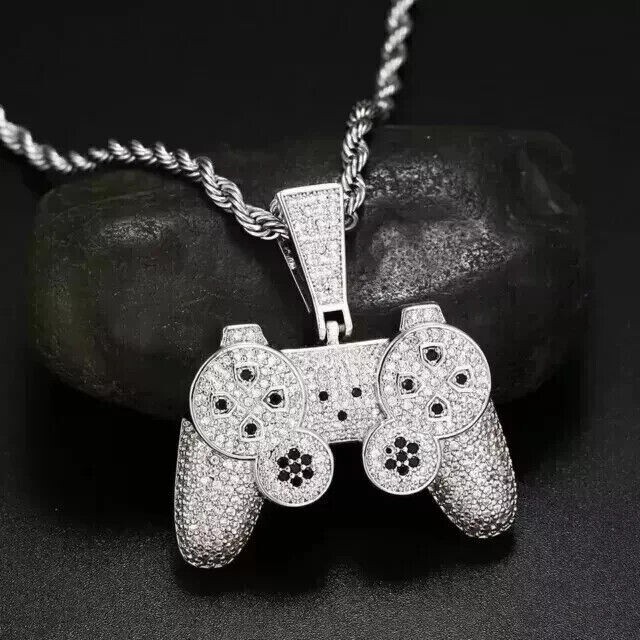 Gaming Remote Shape Pendant Round Cut Simulated Diamond In 14K White Gold Plated
