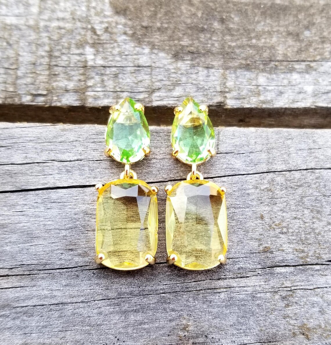 14k Gold Australian Crystal Citrine and Peridot Stud Dangle Earrings