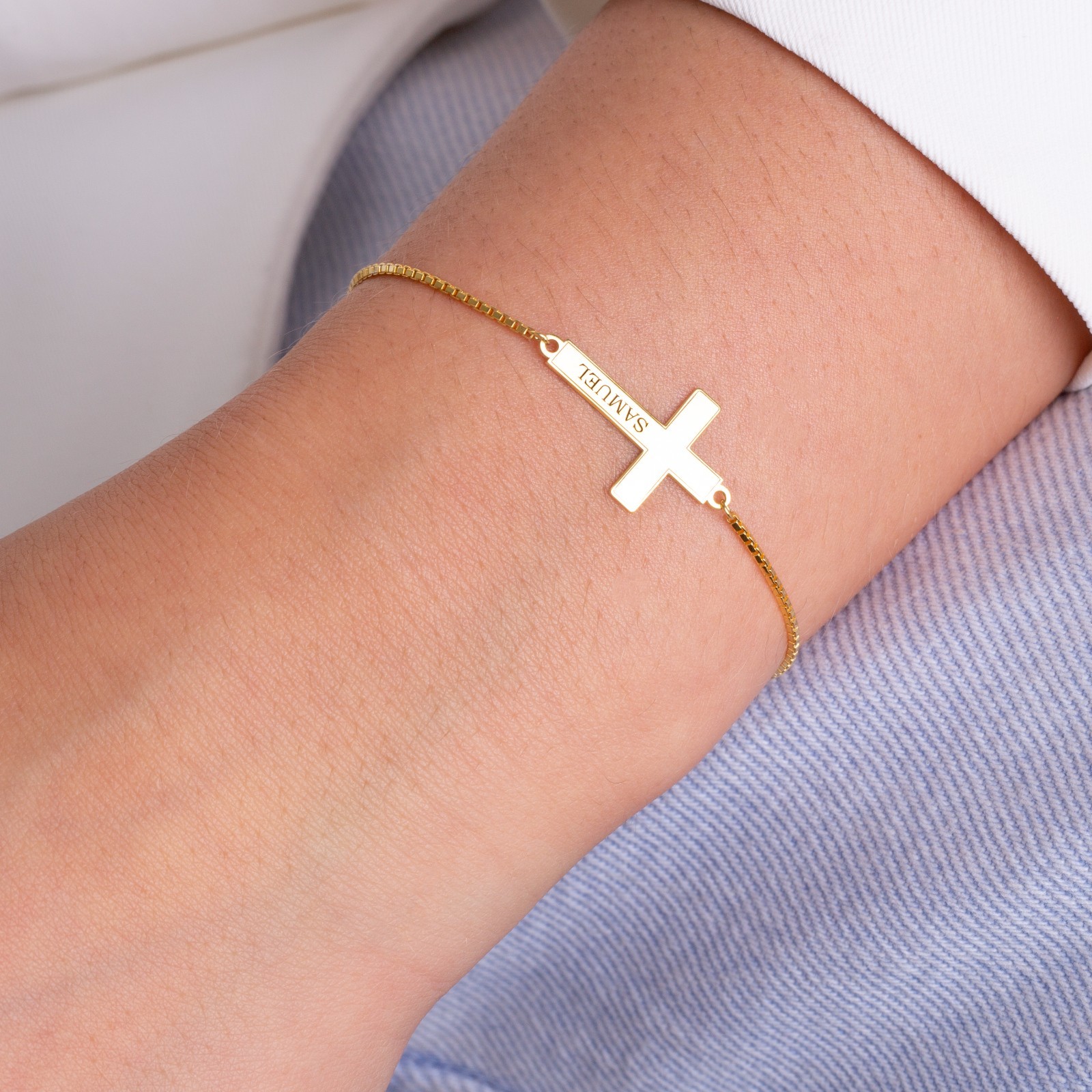 Custom Engraved Cross Bracelet 925 Sterling Silver Gold/Rose Gold/Silver