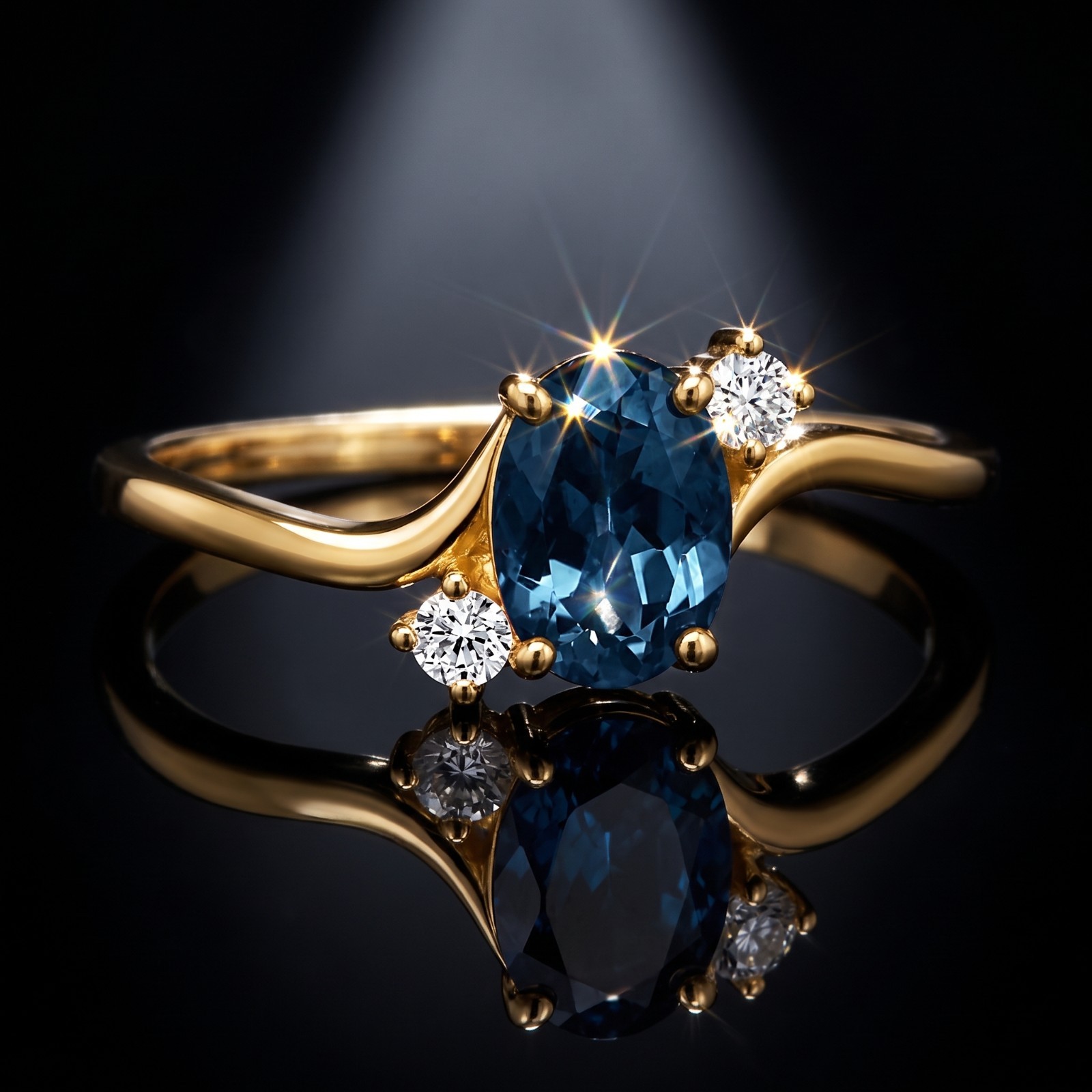 Natural London Blue Topaz Cluster Ring, 14k Yellow Gold Dainty Minimal Band Ring