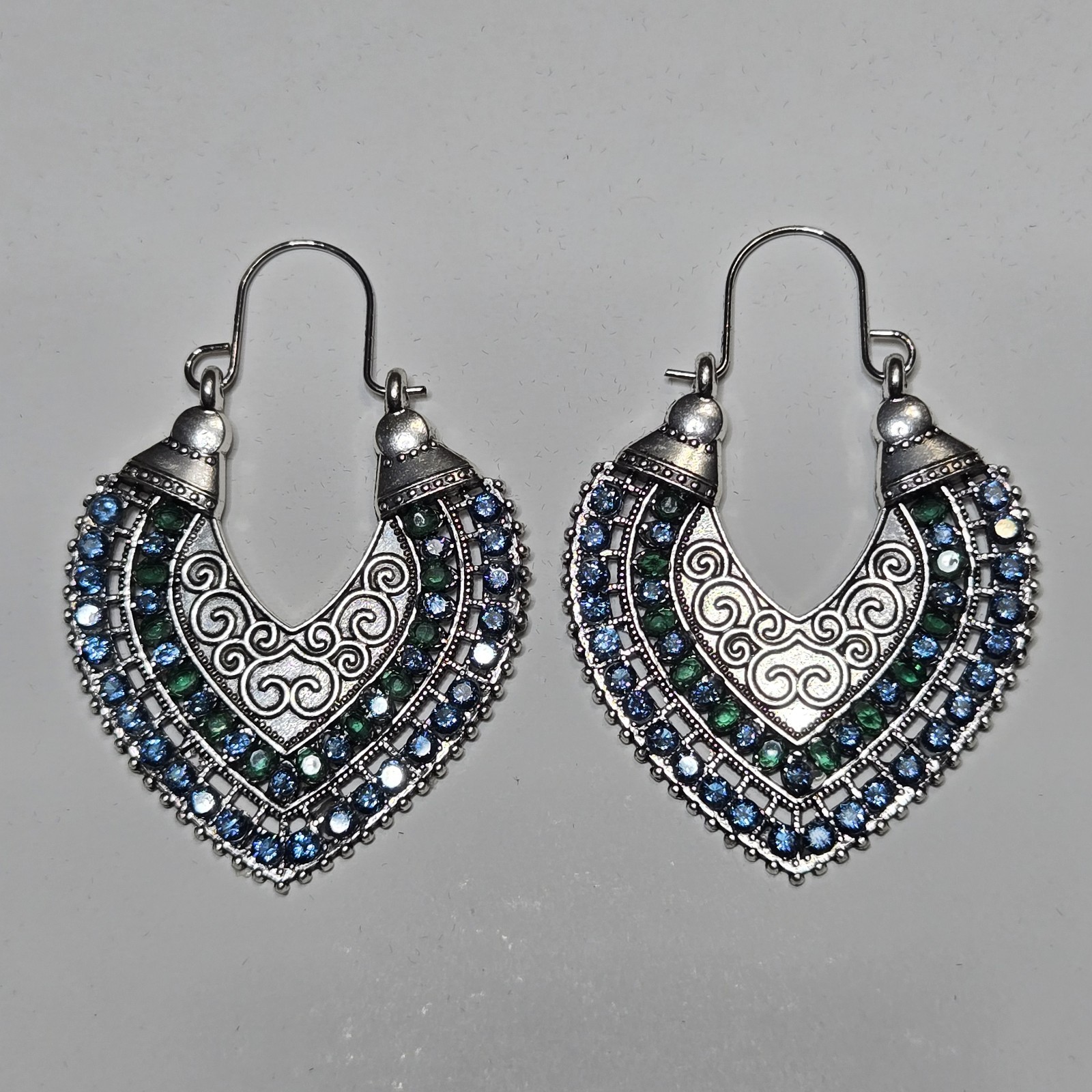 Silver Tone Crescent Scroll Dangle Hook Earrings Blue Green Round Cubic Zirconia