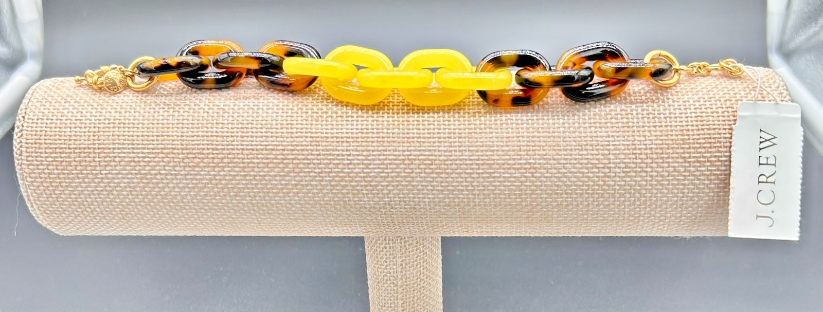 J Crew Tortoise Shell Yellow Acrylic Link Bracelet Gold Tone Chunky Signed NWT