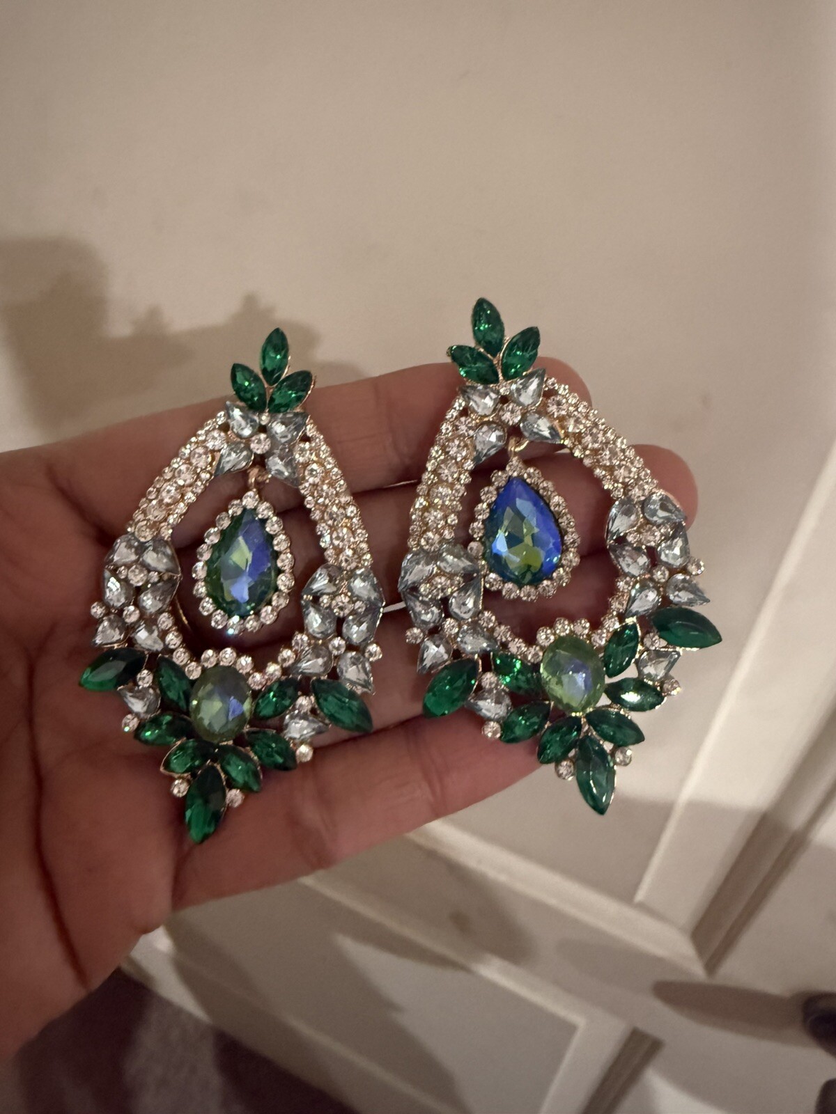 Green Blue Earrings Ab Long Royal Drop Dangle Rhinestone Crystal Pageant Gold