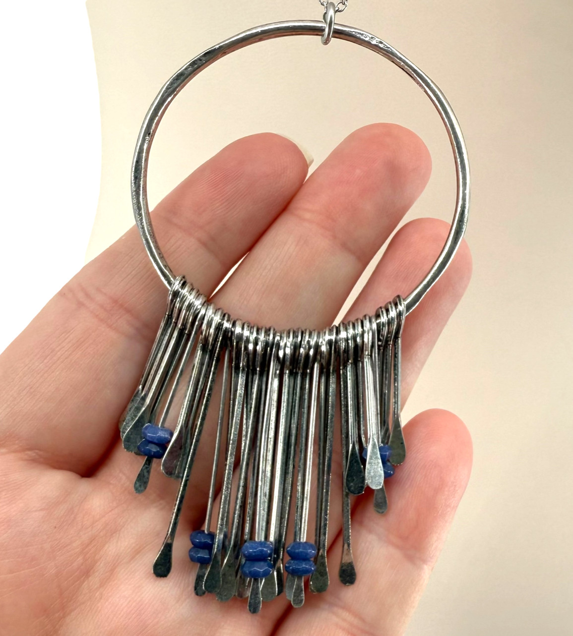 J. Jill Beaded Necklace Blue Silver Fringe Pendant Long Boho Artisan Statement