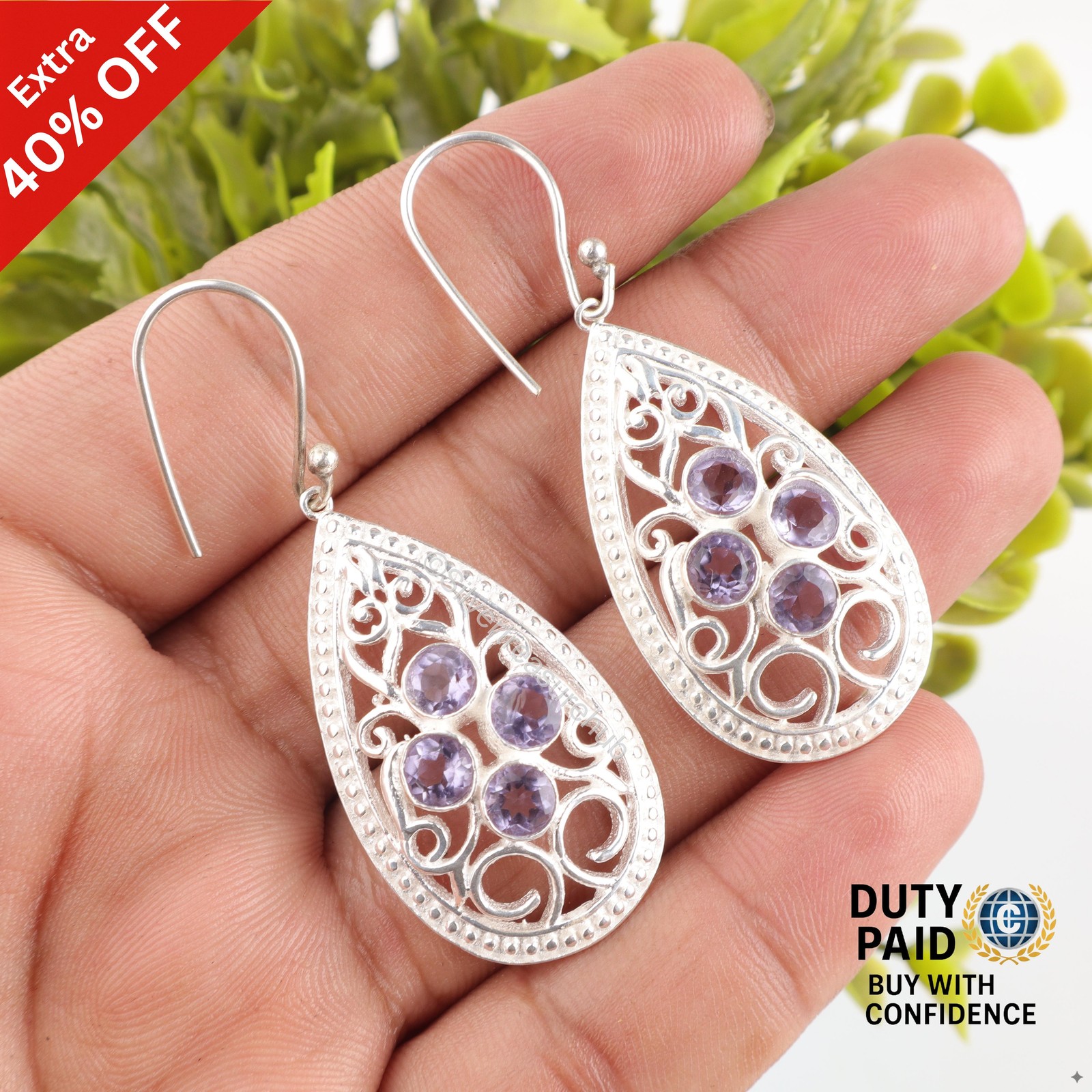 925 Silver Round Iolite Gemstone Dangle Drop Sister Engagement Earrings Jewelry