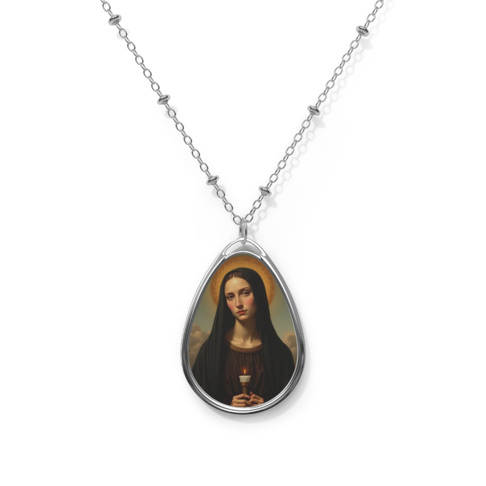 Saint Genevieve Of Paris, Oval Pendant Necklace, Christian Gift