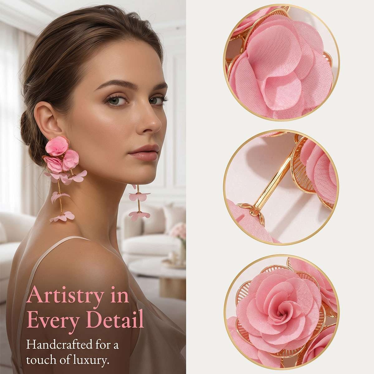 Big Flower Drop Earrings for Women Long Fabric Floral Dangle Earrings Bohem