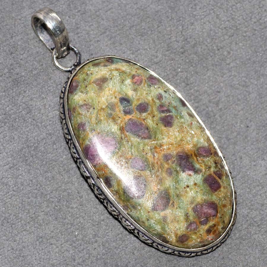 925 Silver Plated Ruby In Fuchsite Pendant 2.4″ Boho Festival Jewelry Trendy GW