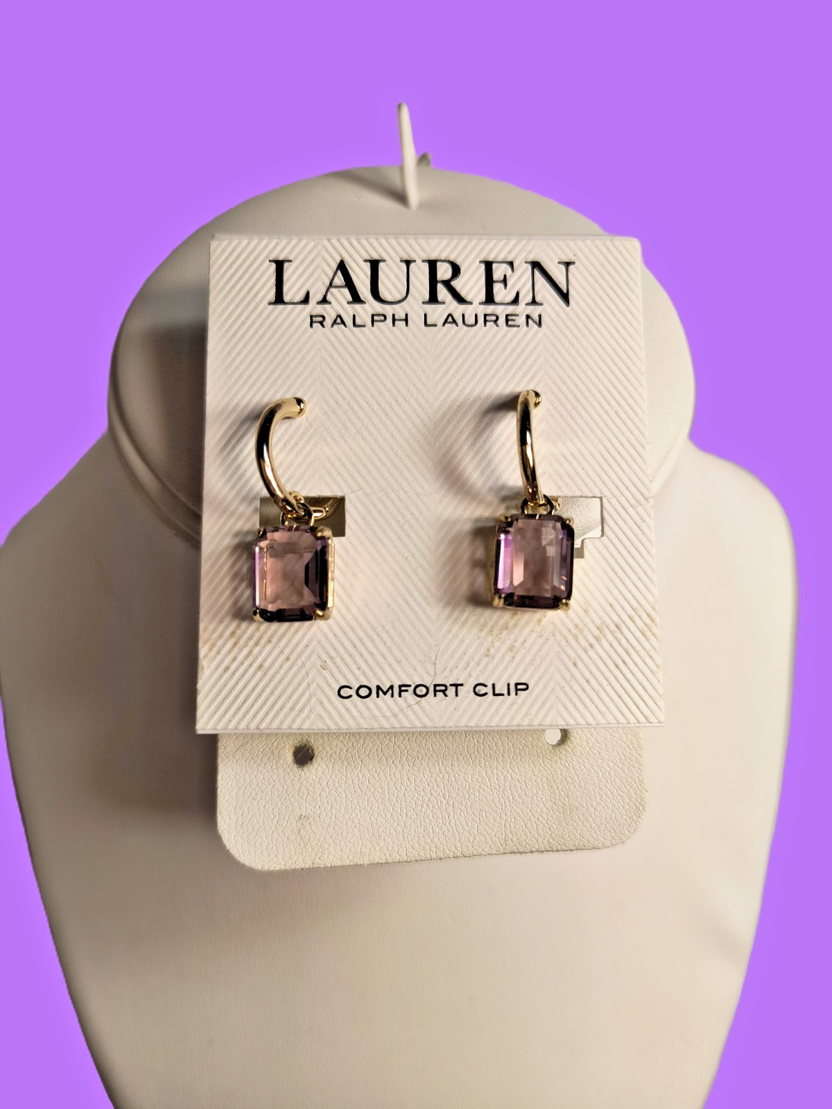 LAUREN Ralph Lauren Earrings Comfort Clip Goldtone Emerald Cut Light Purple Cabs