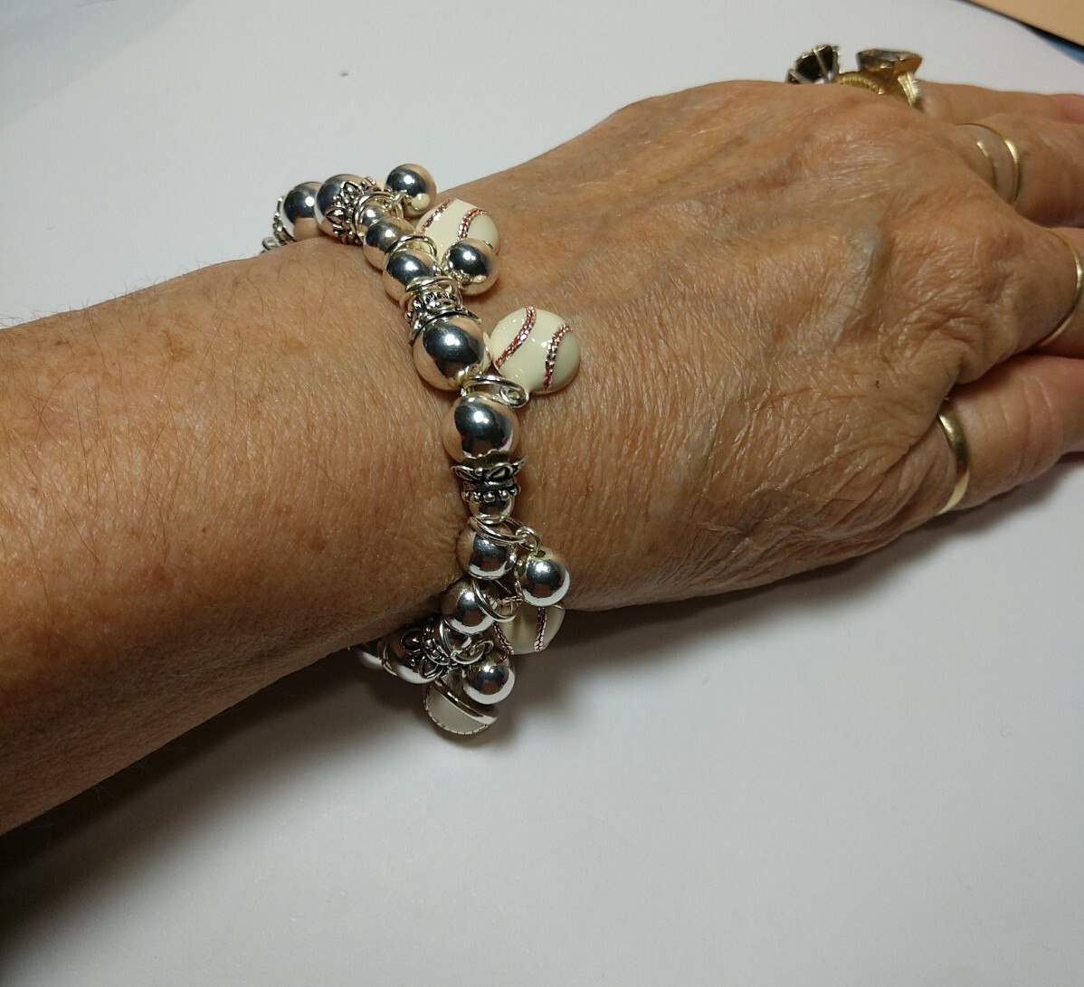 Baseball Charm Bracelet Silver Beads Heavy Duty Stretch Cord New with tags
