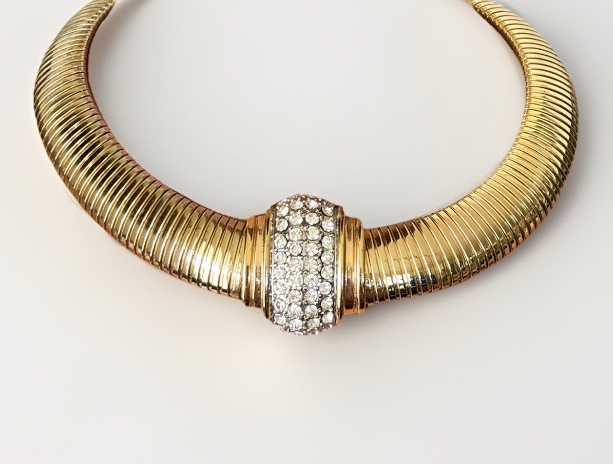 OPC Omega Tubogas Necklace Gold Tone Choker Icy Crystals Off Park Collection 80s