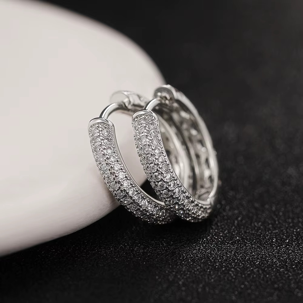PAIR Elegant Paved Full Imitated Moissanite Circle Silver Plated CZ Hoop Earring
