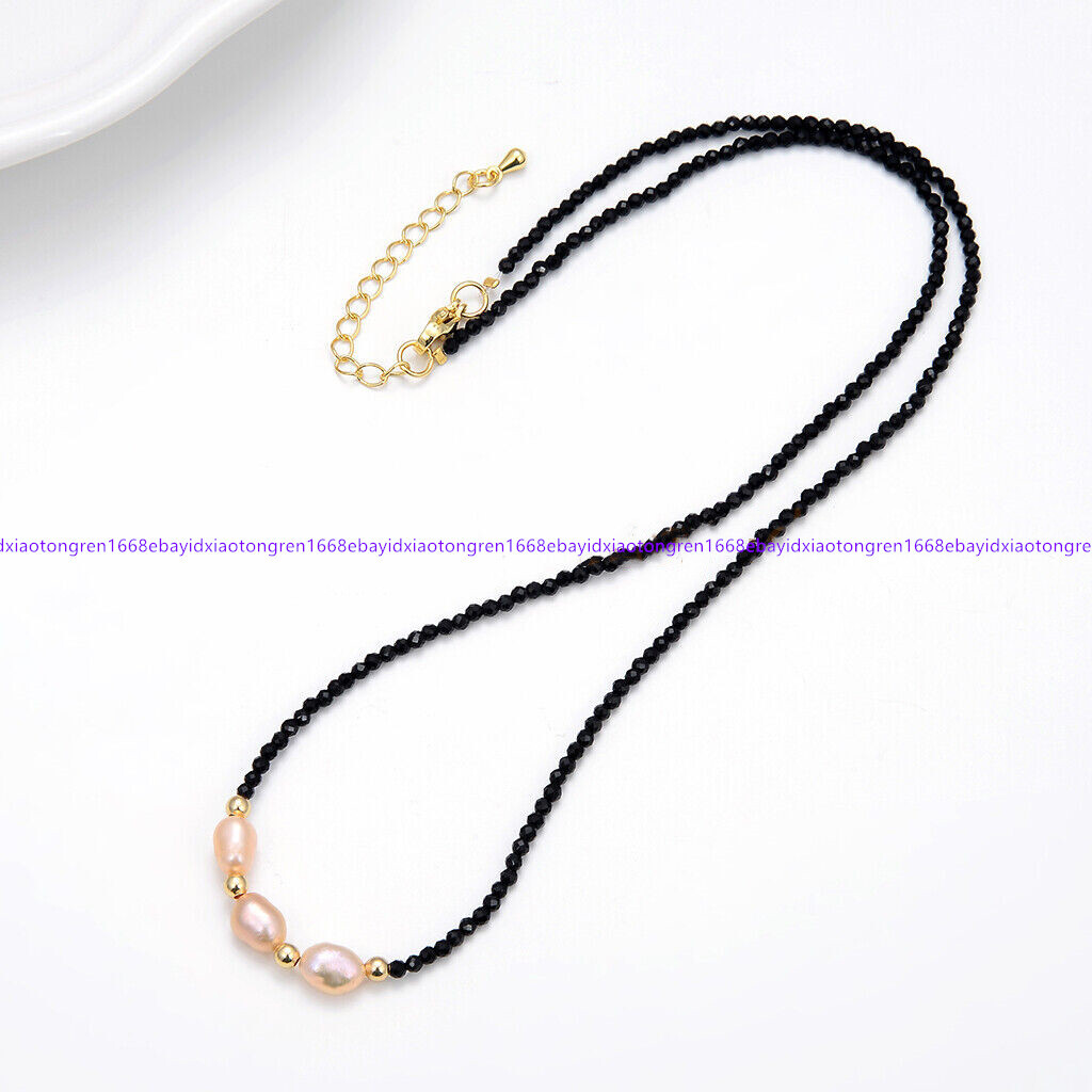 3mm Faceted Black Spinel 8-9mm White Pink Black Rice Pearl Necklace 18-28 Inch