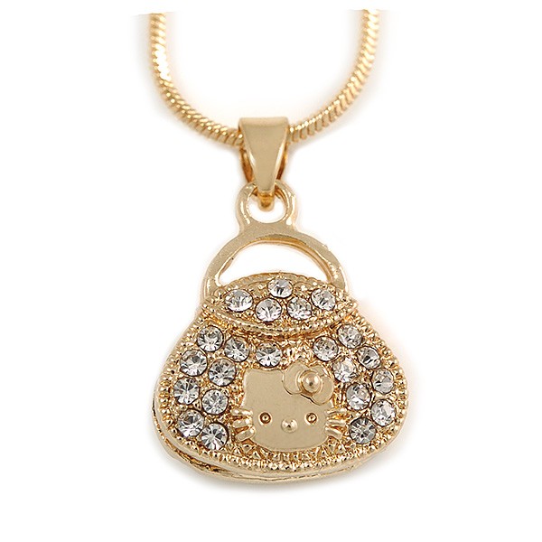 Small Fancy Crystal Bag Pendant with Gold Tone Snake Type Chain – 42cm L/ 5cm