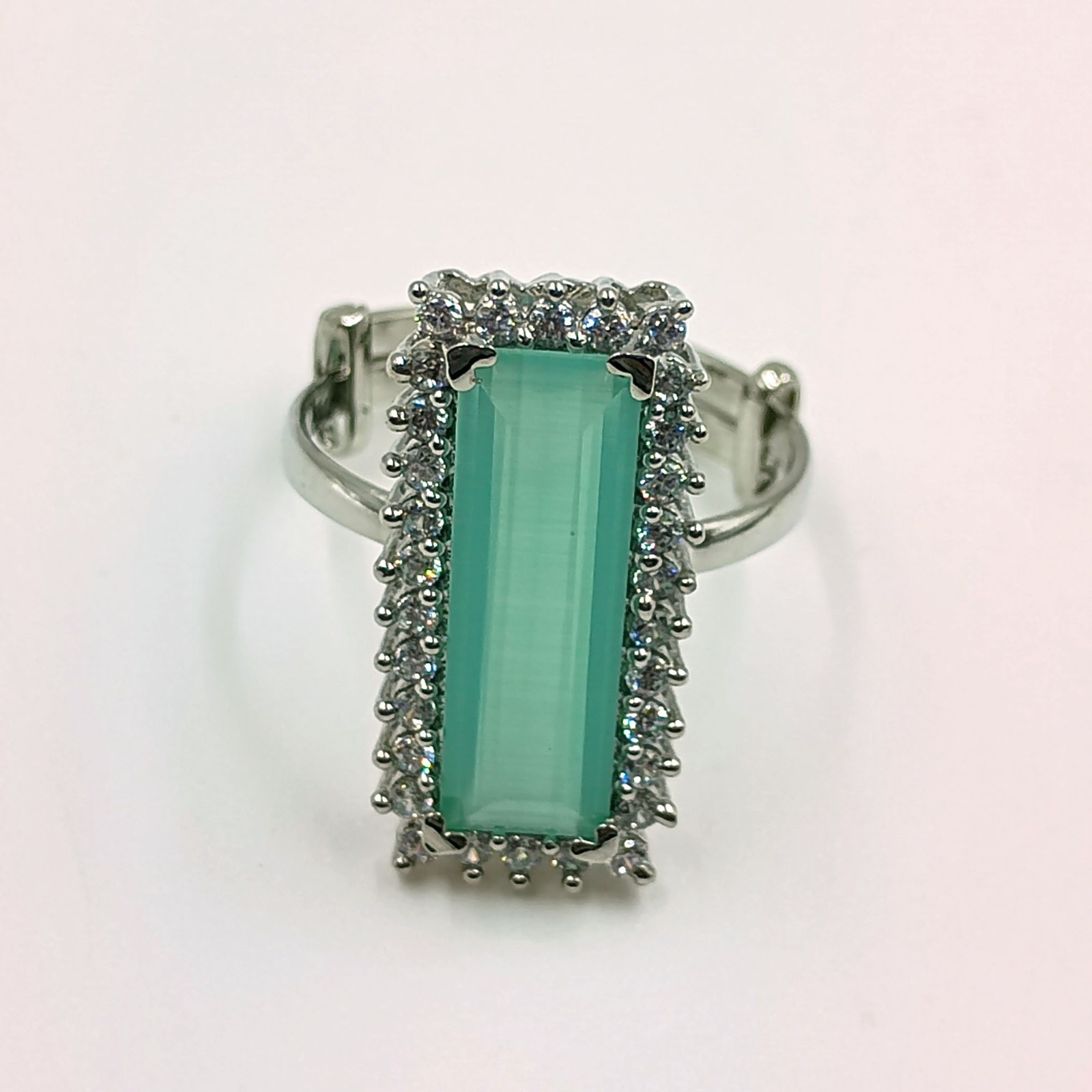 Elegant Aqua Chalcedony CZ Cocktail Ring Adjustable White Plated Boho Jewelry
