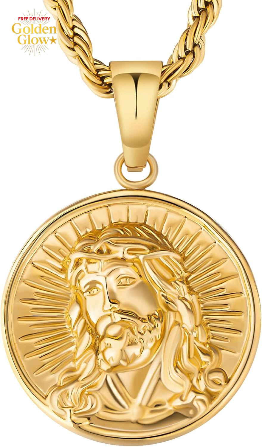 Jesus & Cross Coin Pendant Medallion Necklace Vintage Gifts for Men Gold Plated