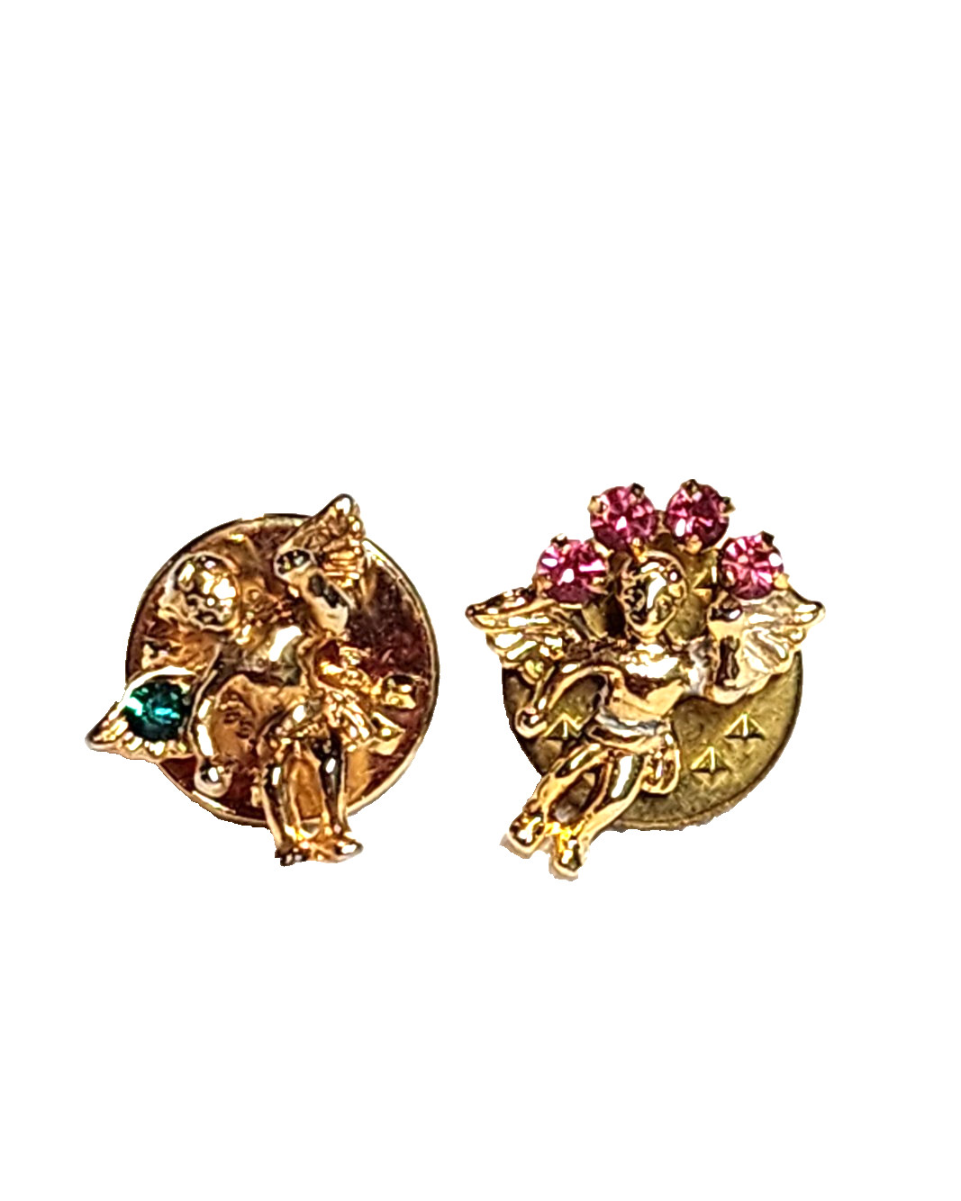 Lot Of 2 Vintage Guardian Angel Cherub Pins Pink & Green Rhinestones Gold Tone