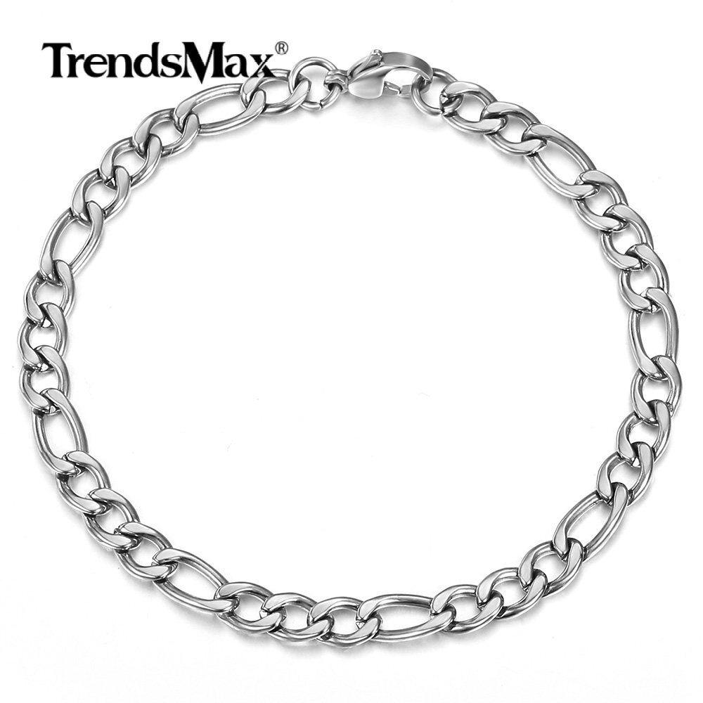 5mm Silver/Gold Plated Figaro Liink Chain Bracelet Stainless Steel Clasp Jewelry