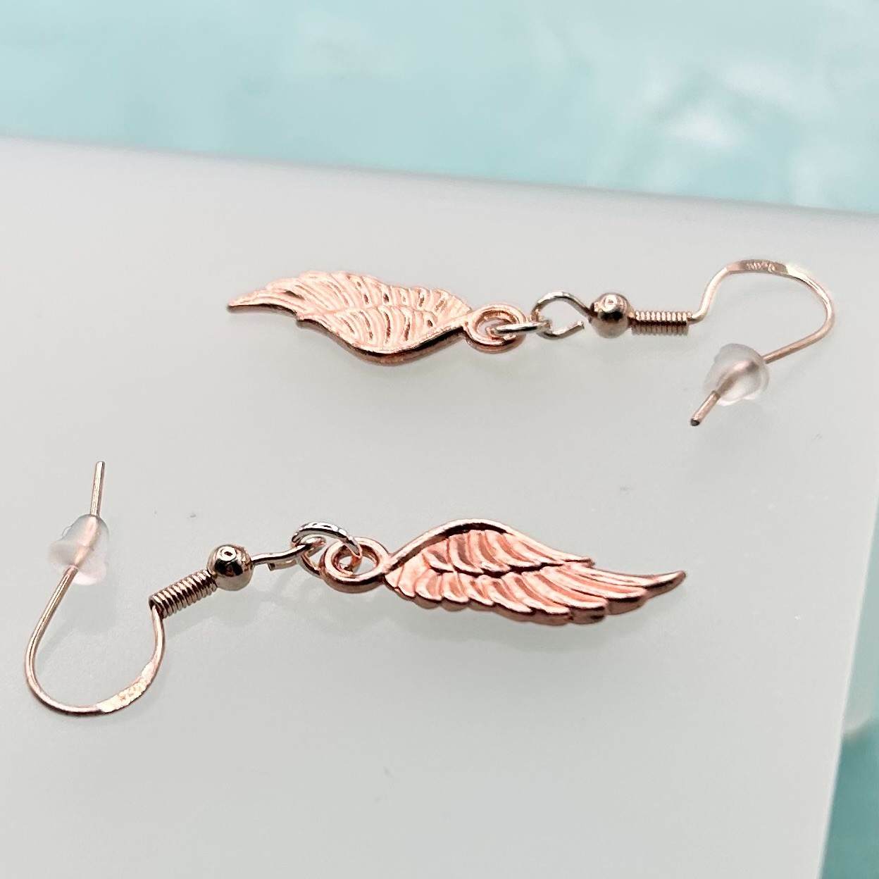 Mini Angel Wing Pendant Hook Earrings (Rose Gold) New Handmade Original Design