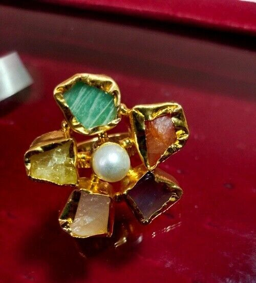 Natural Multi stone Handmade Adjustable Ring Gemstone Brass Ring Raw Ring.