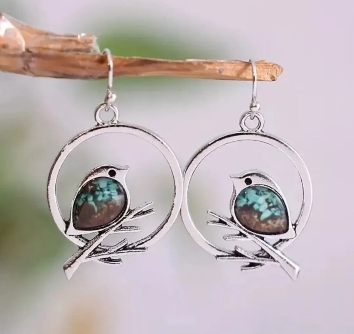Beautiful Unique Bird Branch Earrings, Turquoise Sand Inlaid