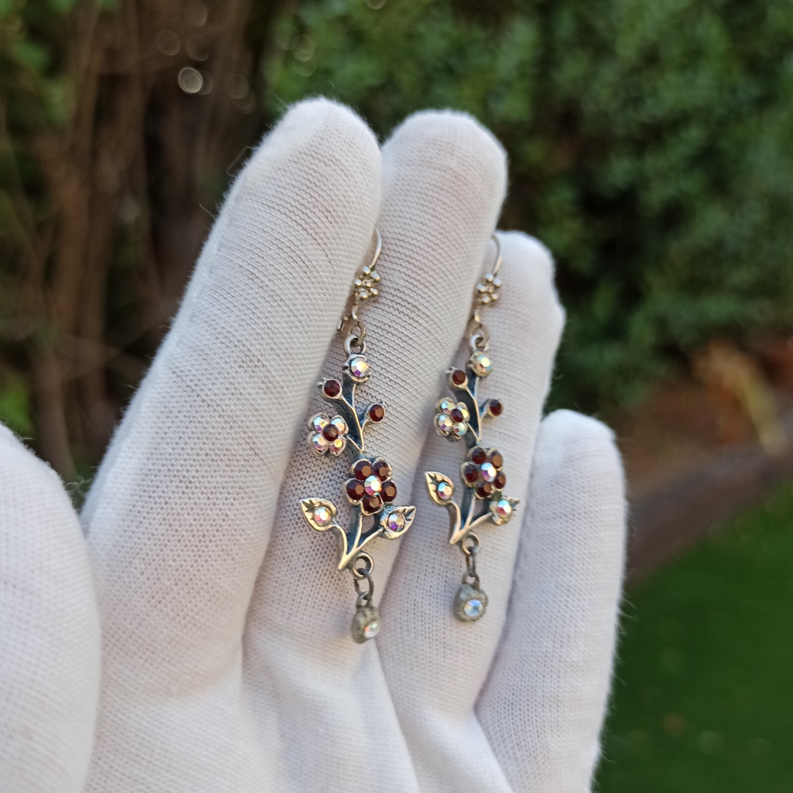Michal Negrin Earrings Silver Aurora Borealis Red Crystals Long Flower Branch