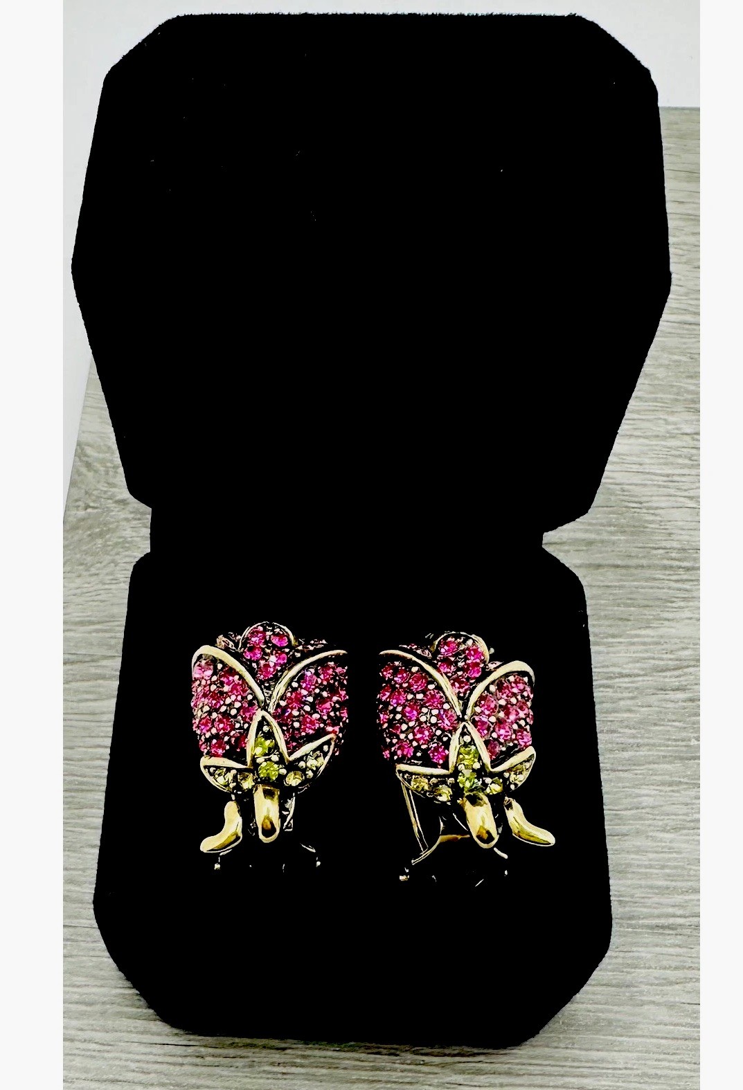 Heidi Daus Rose Bud Crystal Omega Back Earrings Pink Fuchsia Bronzetone Floral