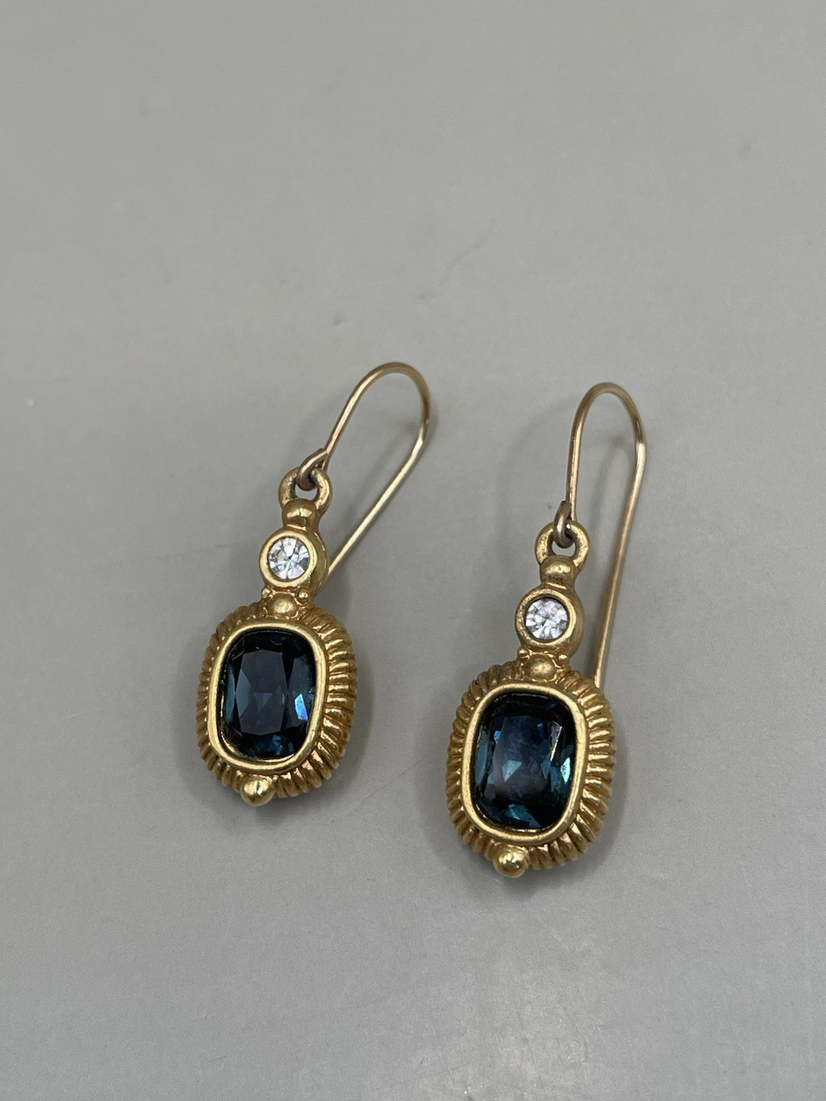 Swarovski Signed Swan GoldTone Blue And Clear Crystals Dangle Hook 1.3” Earrings
