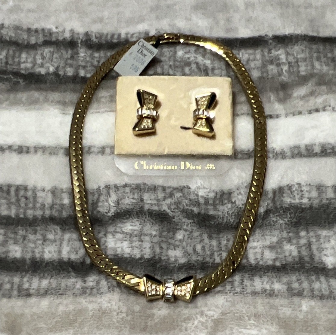 Vintage Christian Dior Signed Gold Plated Necklace & Earrings Set