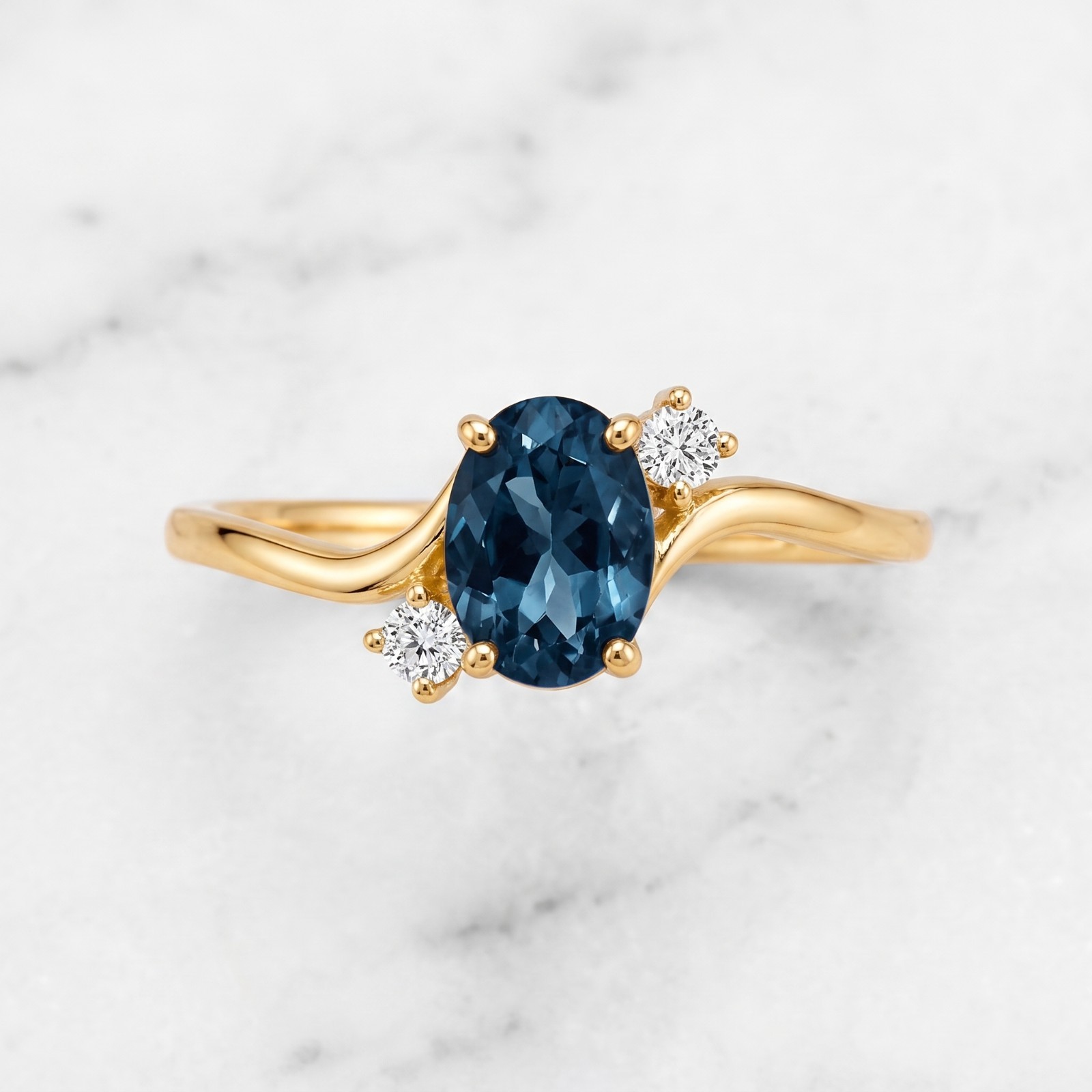 Natural London Blue Topaz Cluster Ring, 14k Yellow Gold Dainty Minimal Band Ring