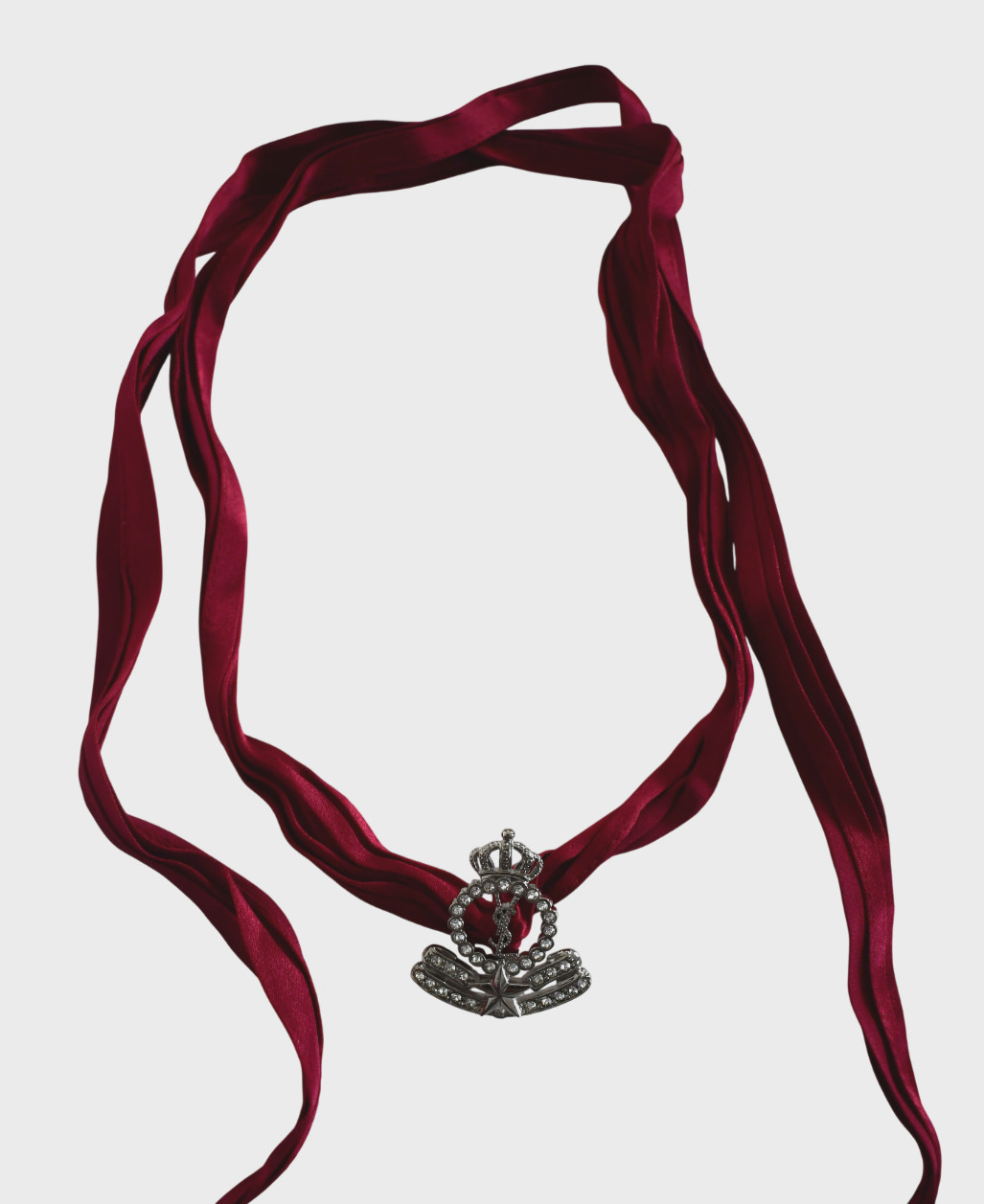 SAINT LAURENT CROWN STAR Interlocking YSL Charm on Silk WRAP CHOKER Necklace