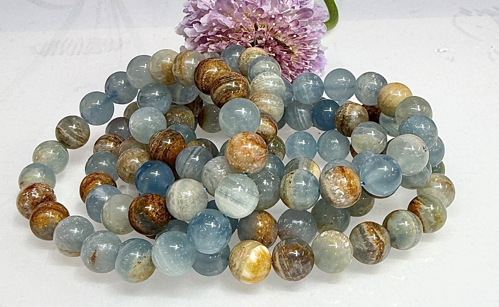 Wholesale 6 Pcs Natural Aquatine Lemurian Calcite 9-10mm 8” Crystal Bracelet