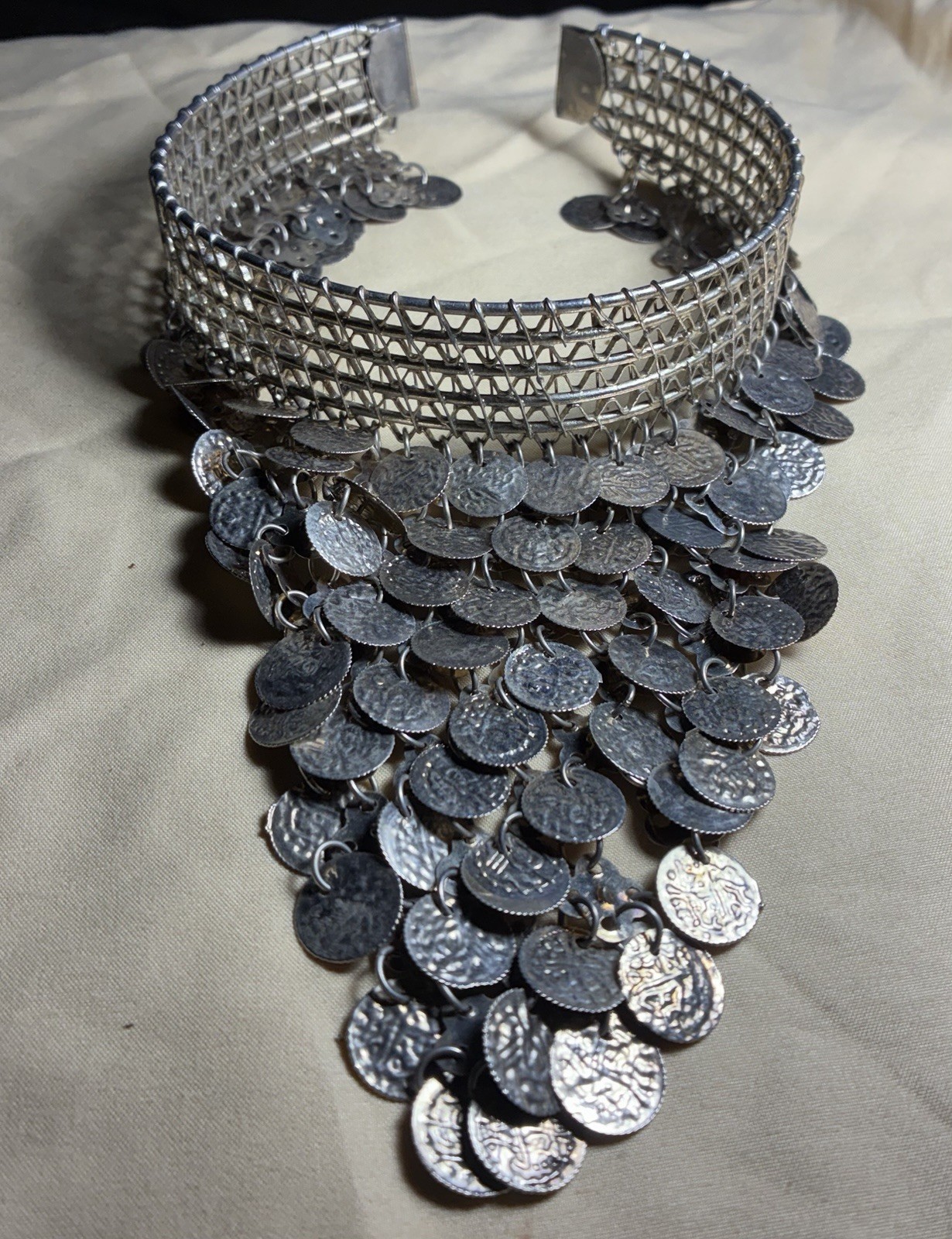 Silver Tone Mesh Choker Bellydance Bohemian Pyramid Coin Discs item #10