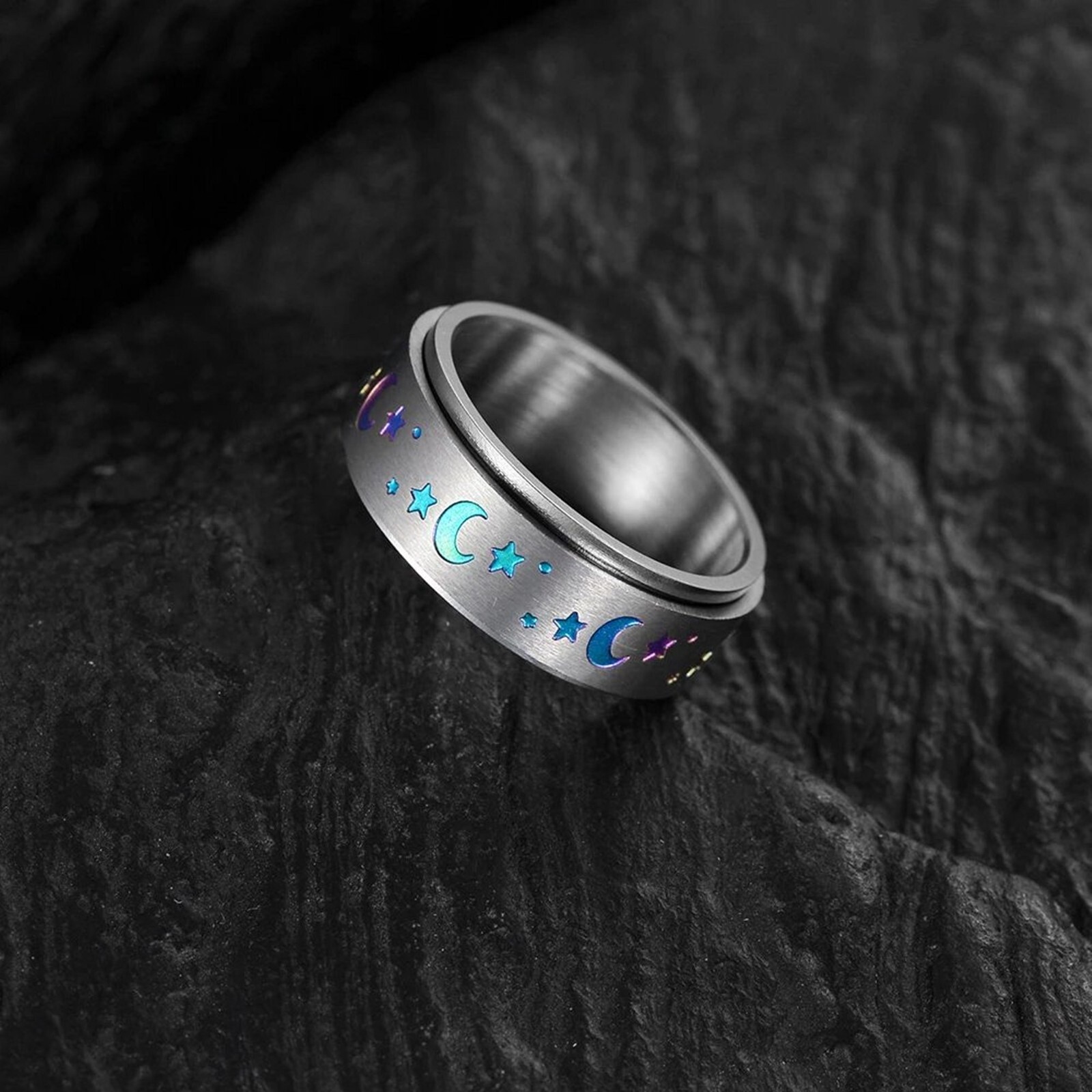 Rainbow Moon Stars Spinner Ring Stainless Steel Celestial Stress Reliever Band