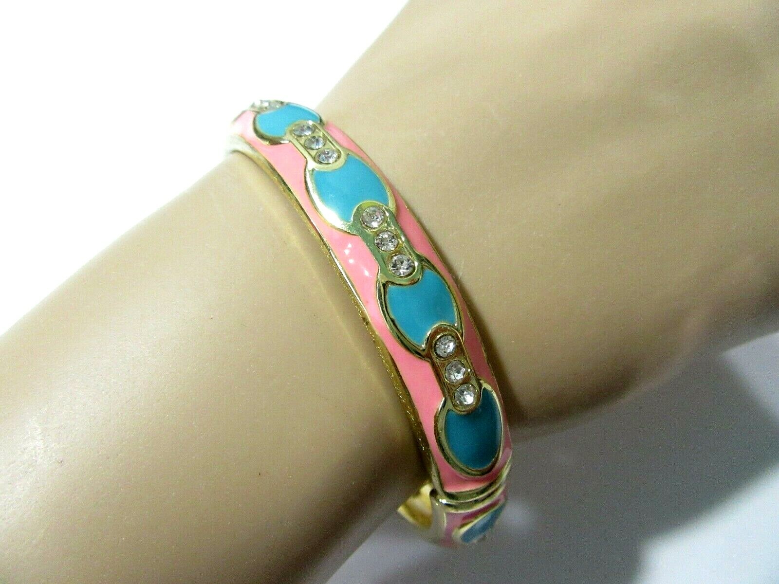 PINK TURQUOISE BLUE CRYSTAL ACCENT HINGED CLAMPER BRACELET CONTEMPORARY MODERN
