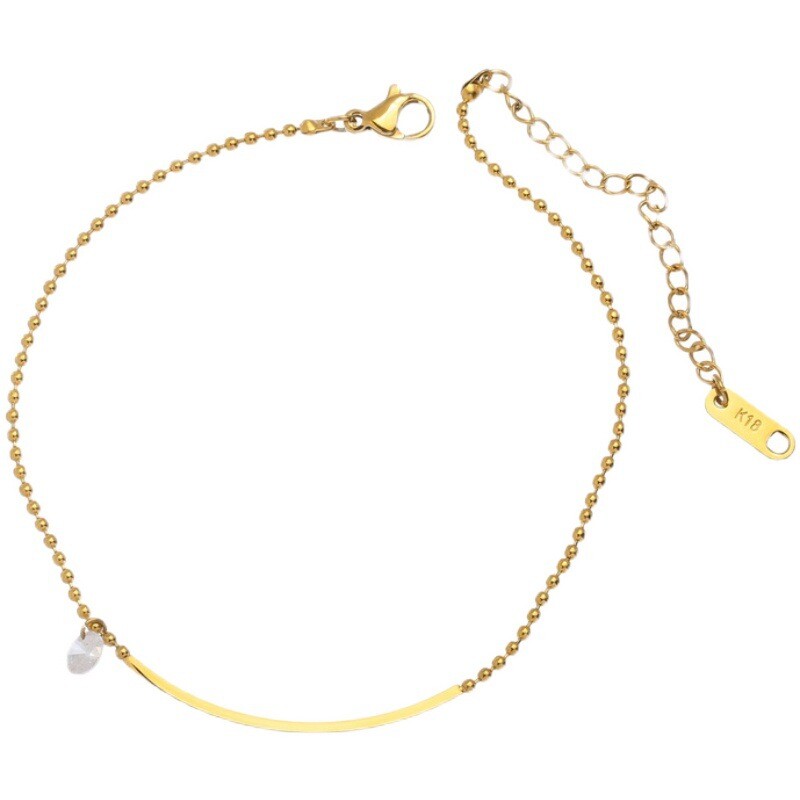 Woman 18K Gold Plated Stainless Steel CZ Charm Bead Chain Bangle Anklet 10 in