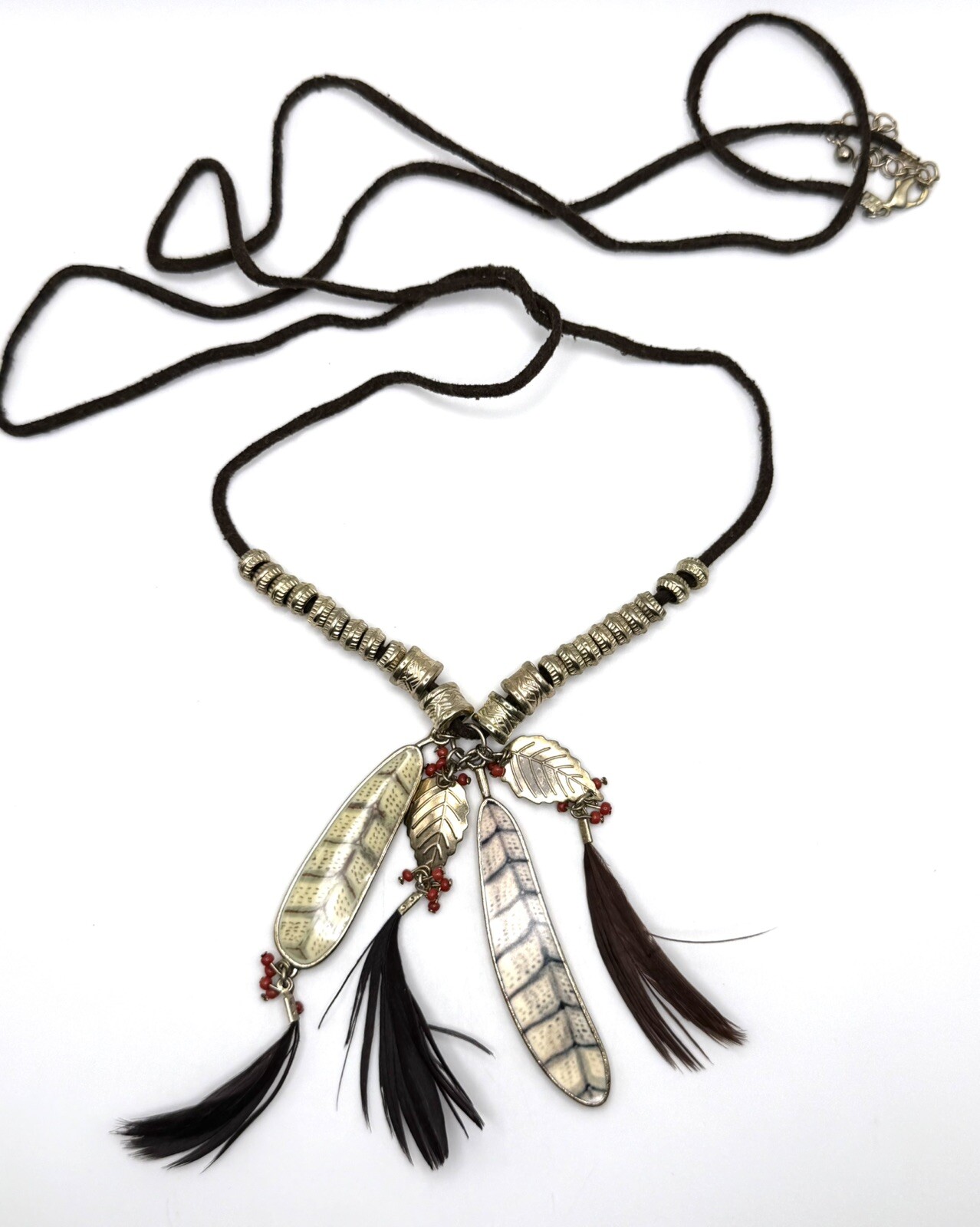 Indian Feather Tassel Necklace Brown Red 46”