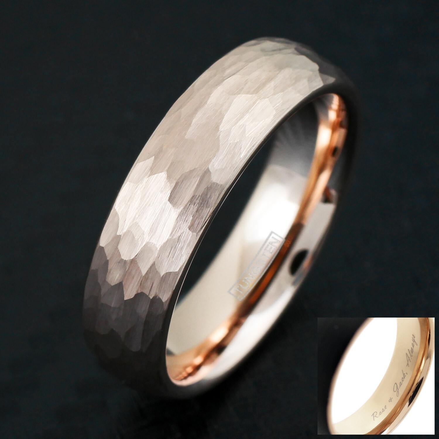 Engraved Rose Gold Plated Tungsten Hammered Brushed Finish Wedding Band Ring
