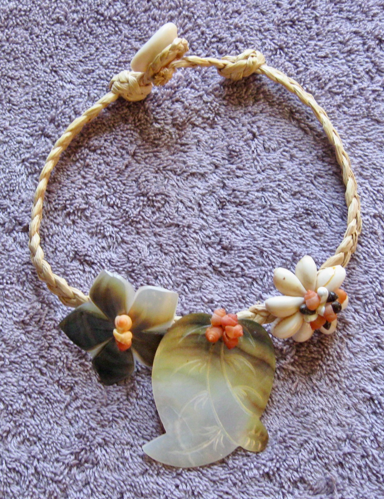 CHOKER Necklace Sea Shell Design on Braided Straw Cowrie Shell Closure; 5″ Diam
