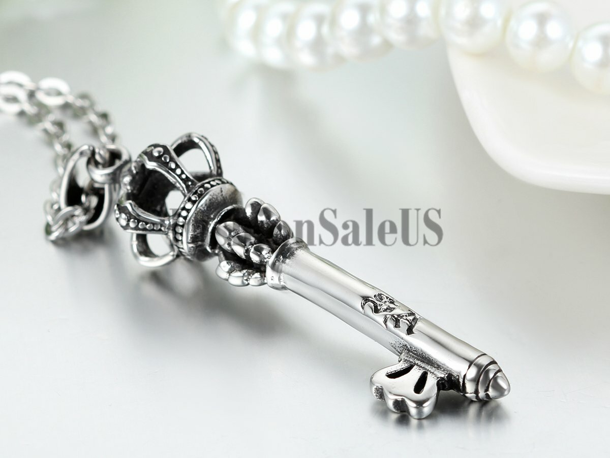 Mens Womens Imperial Crown Key Stainless Steel Pendant Necklace Chain Jewelry