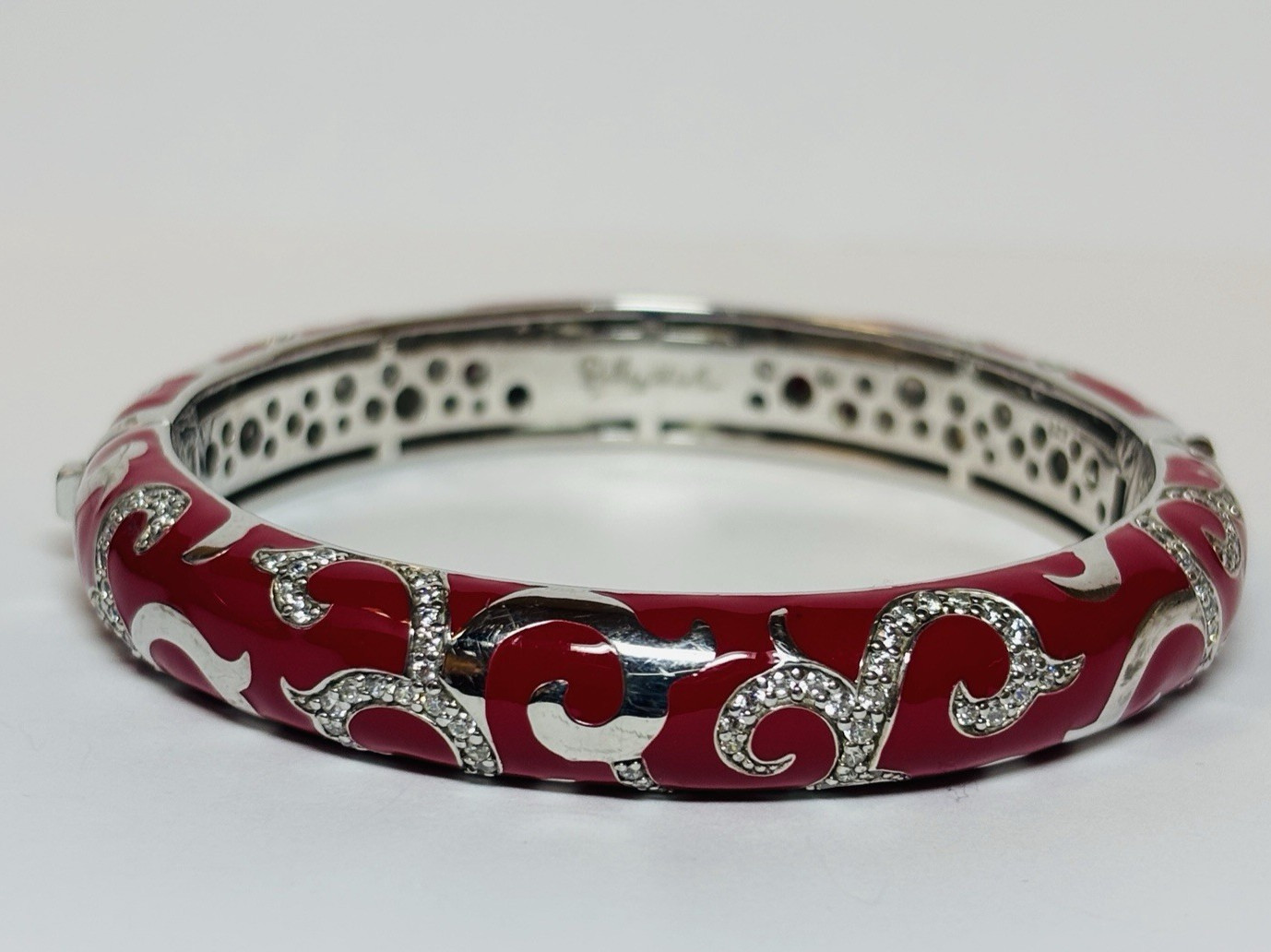 Belle Etoile Sterling 925 Silver Red Enamel Royale CZ Bangle Bracelet 7 in-1.3