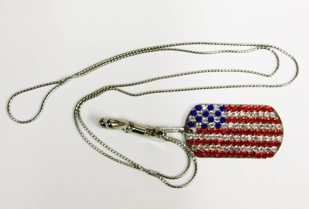 Silver-Tone Jeweled American Flag Dog Tag Necklace Fashion Costume Jewelry jxva