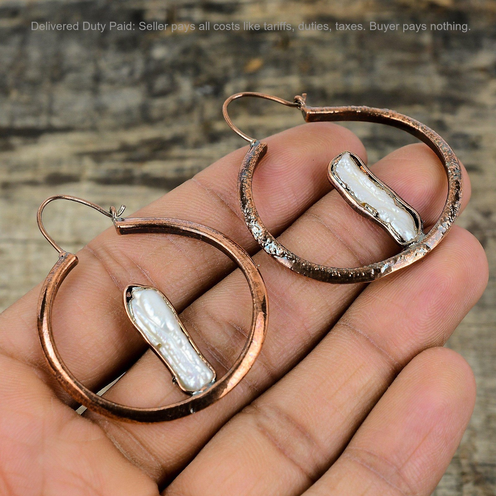 Biwa Pearl Gemstone Electroformed Boho Dangle Ethnic Handcrafted Earrings Copper
