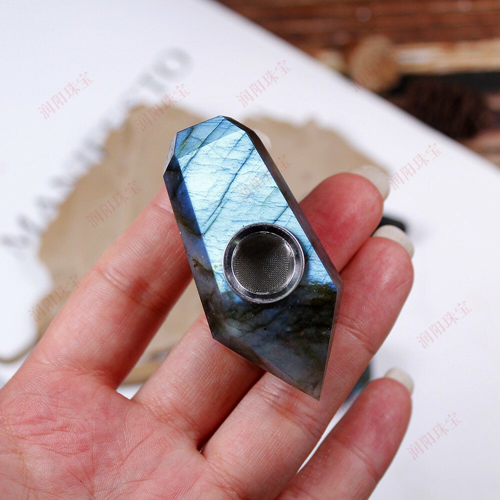 Natural Labradorite Rough Quartz Crystal Point Smoking Pipe Healing Stone Wand