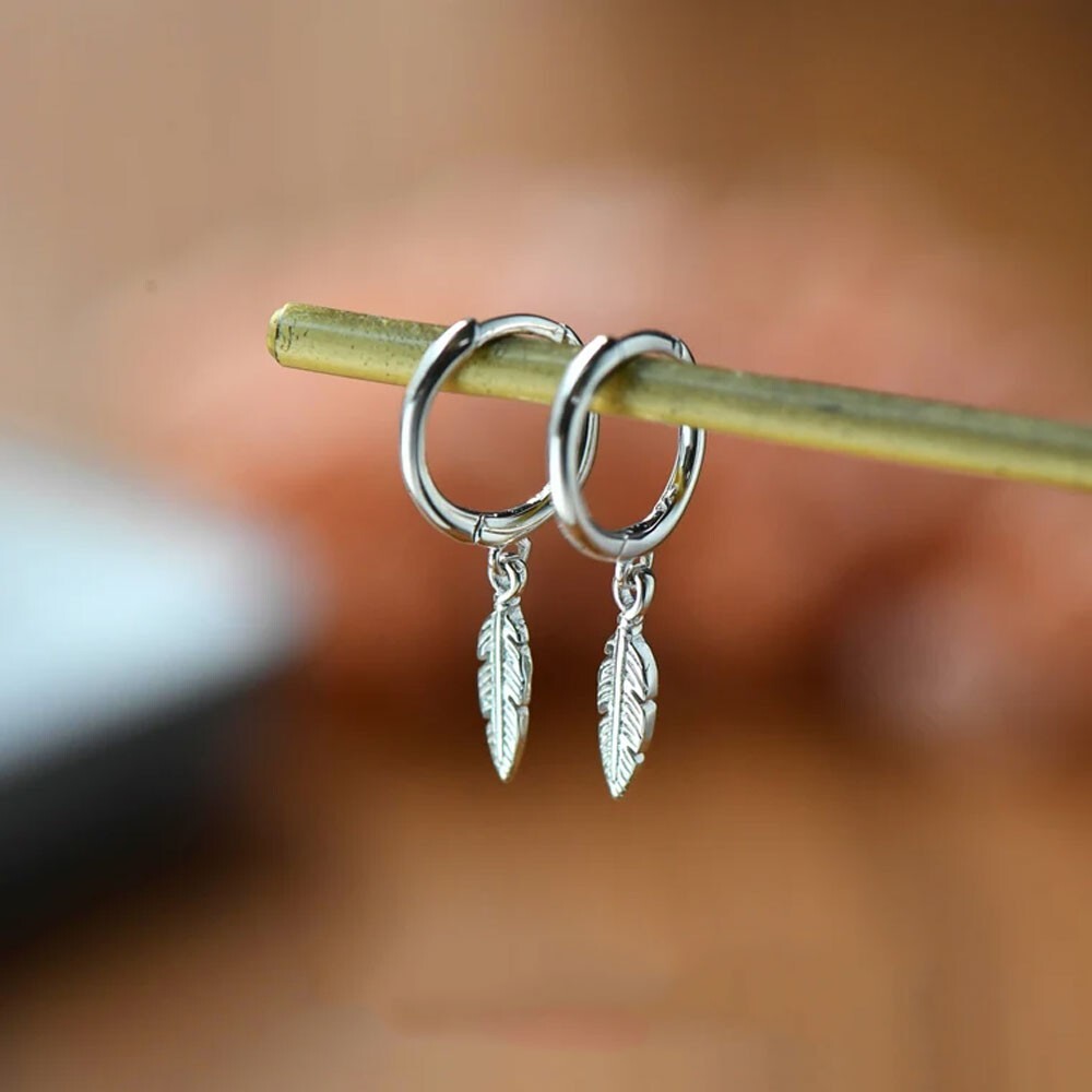 Dainty Feather Earrings 925 Sterling Silver Women Small Hoop Minimalist Earrings