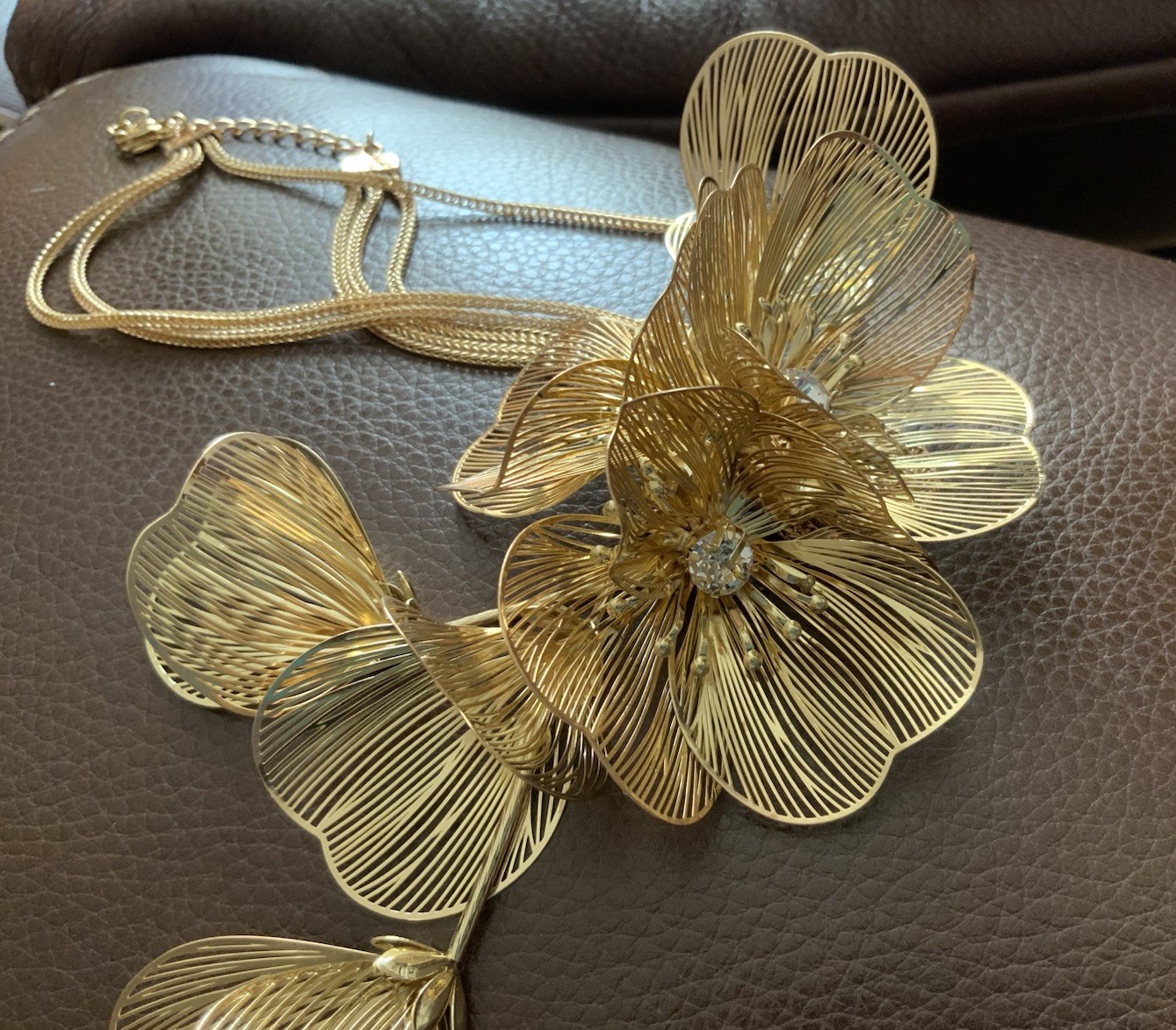 Zara Flower Necklace Cascade Gold Bafta Kate Middleton Statement Boho Petal CZ