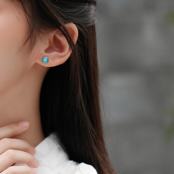 6mm S925 Sterling Silver Round Natural Turquoise Stud Earrings Gift Box PE60