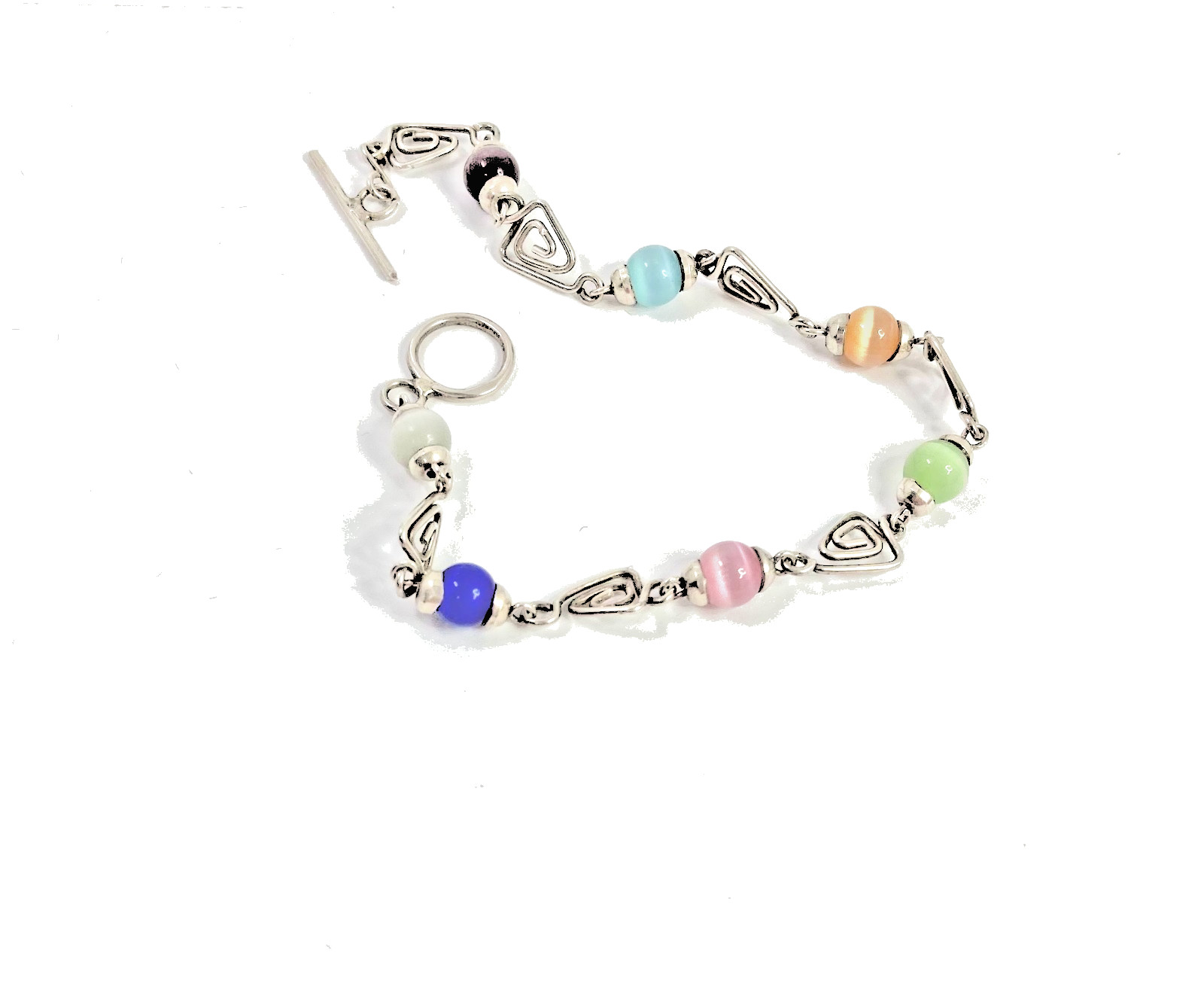 925 Silver & Multicolored Cat’s Eye Glass Triangle Link Chain Bracelet 8 in long